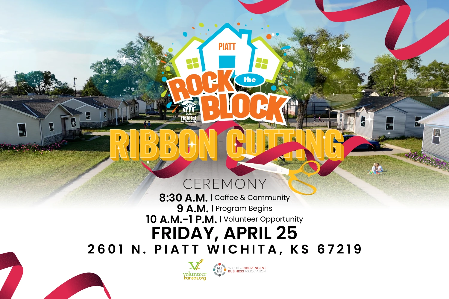Rock the Block Ribbon Cutting Ceremony event flyer. Includes event details and volunteer instructions.