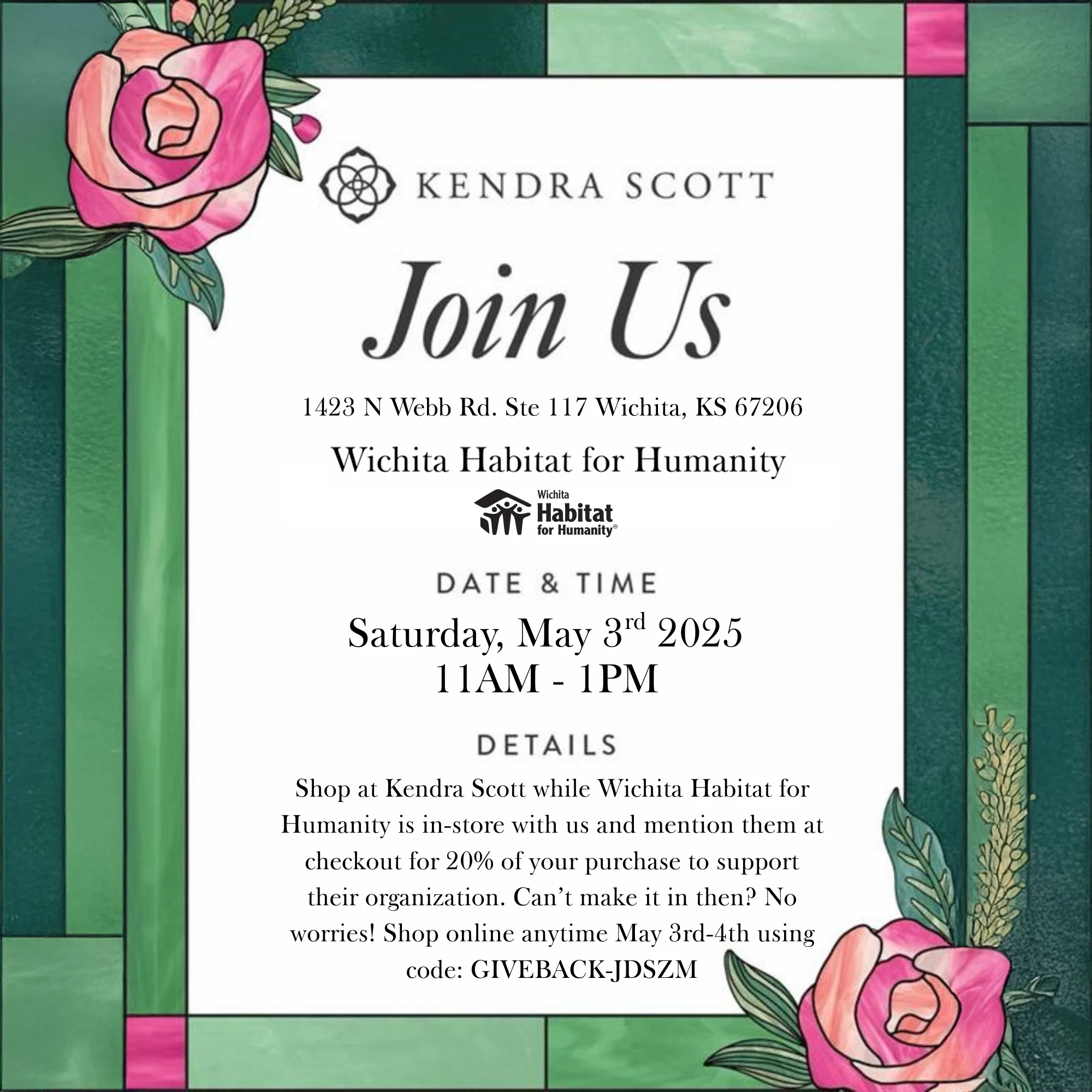 Kendra Scott Gives Back fundraising event flyer. Includes event details and shopping instructions.