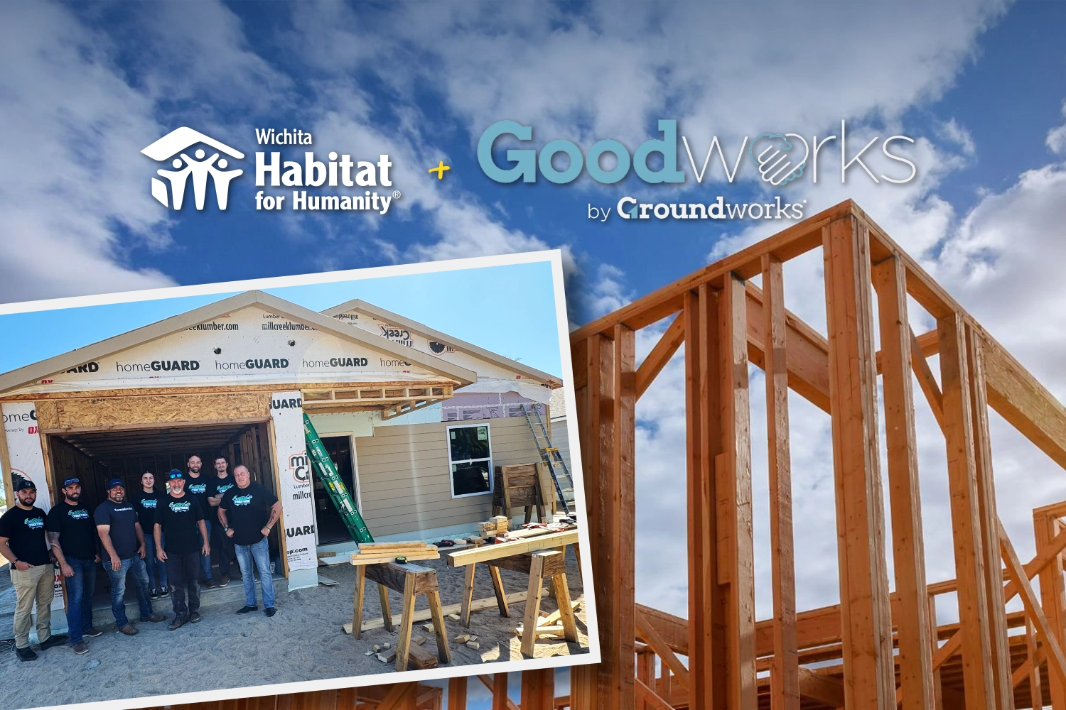 A photo of Groundworks members in front of a Habitat home under construction.