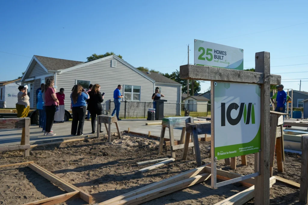 An outdoor gathering at a construction site with an audience listening to a speaker at a podium, featuring a wooden signpost displaying the ICM logo in the foreground.
