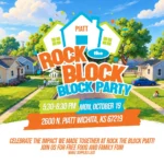 Rock the Block Piatt Block Party event flyer. Includes event details.