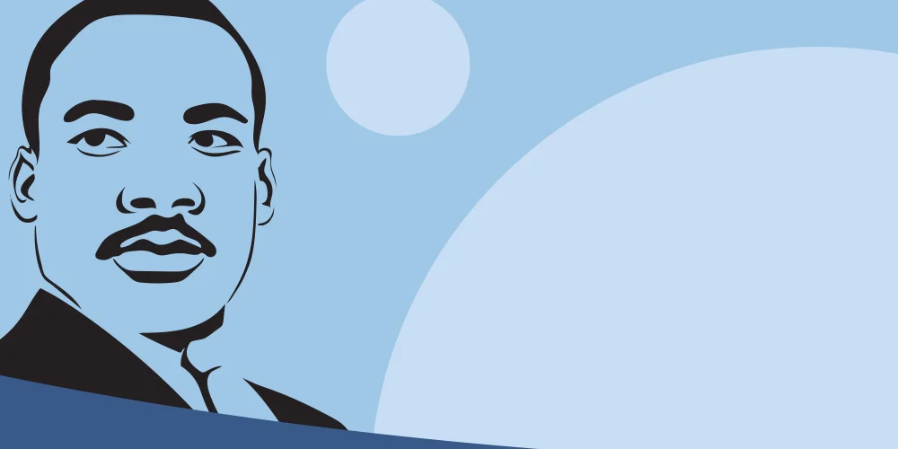 A baby blue background with an illustration of Dr. Martin Luther King, Jr.