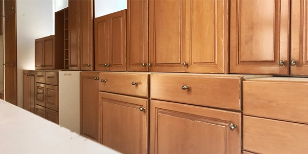 A wall of cabinets on sale.