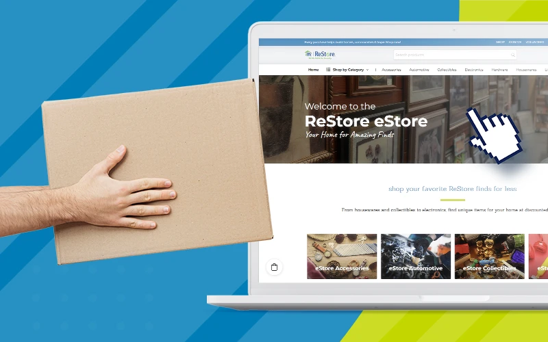 A laptop displaying the eStore webpage with a hand holding a cardboard box.